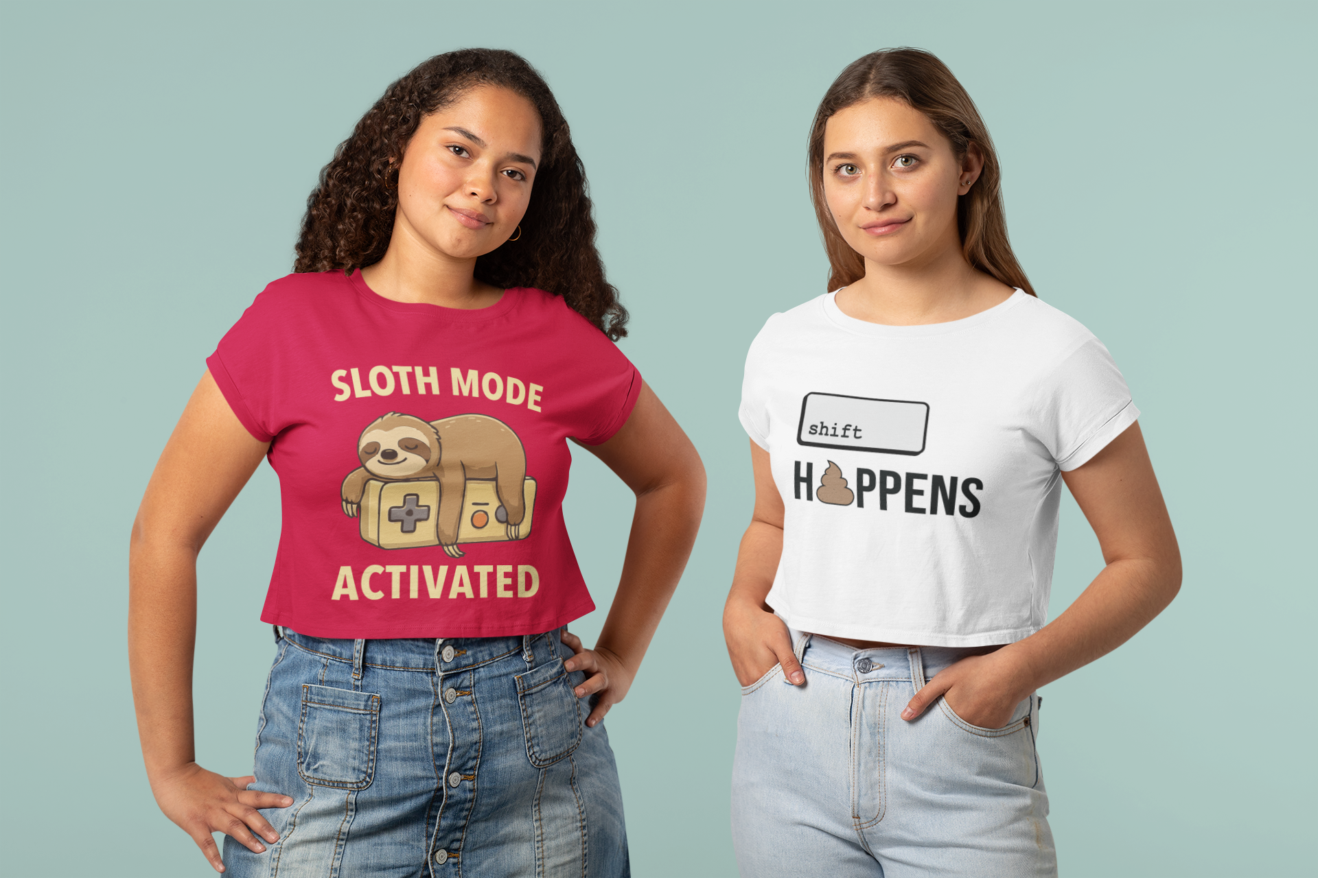 Two girls wearing humorous crop t-shirts with text and graphics 