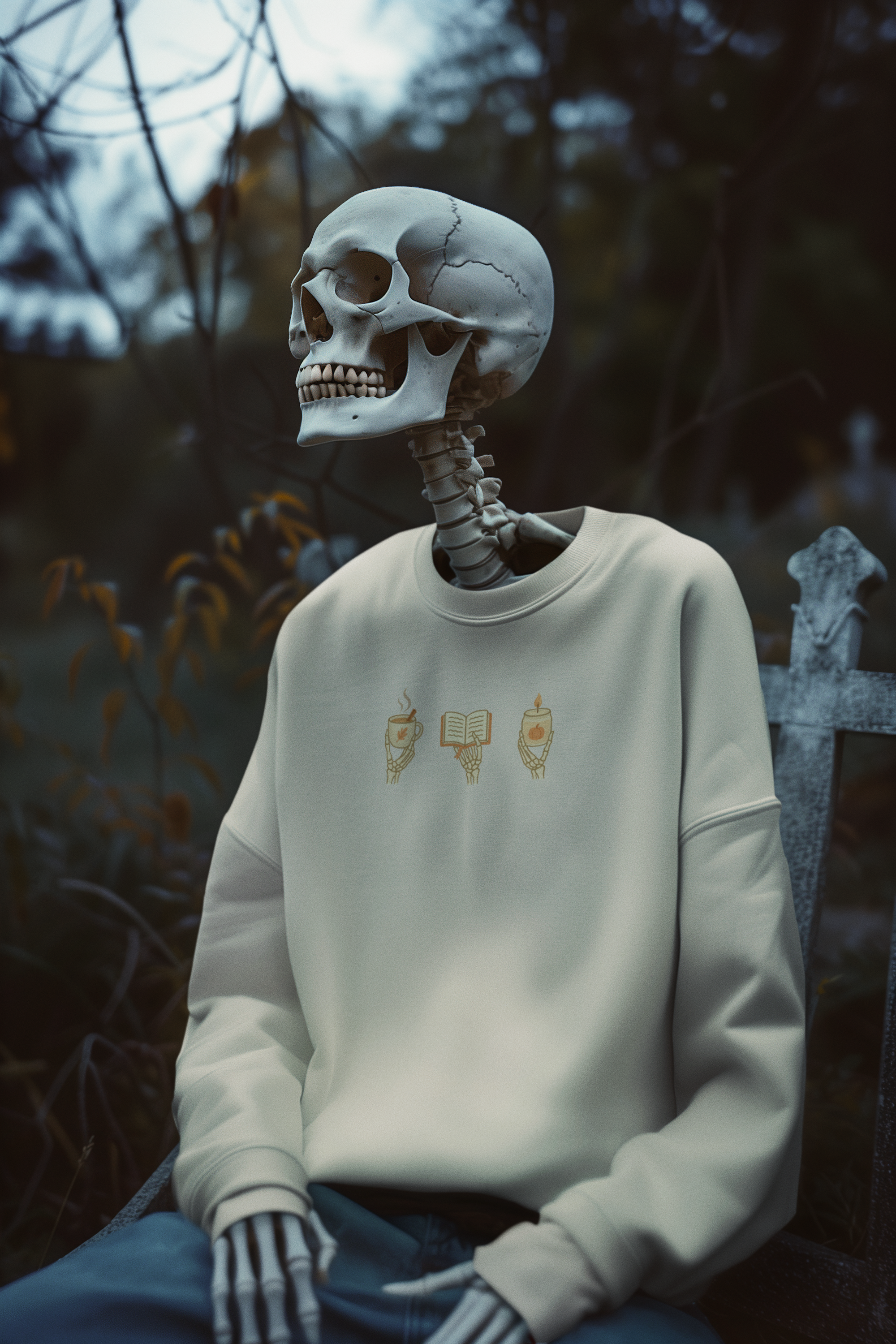 Skeleton wearing sand crewneck sweatshirt with minimalist 'Cozy Bones' graphic, featuring illustration of skeleton hands holding coffee, book, and candle. Halloween & seasonal graphic tees and hoodies.
