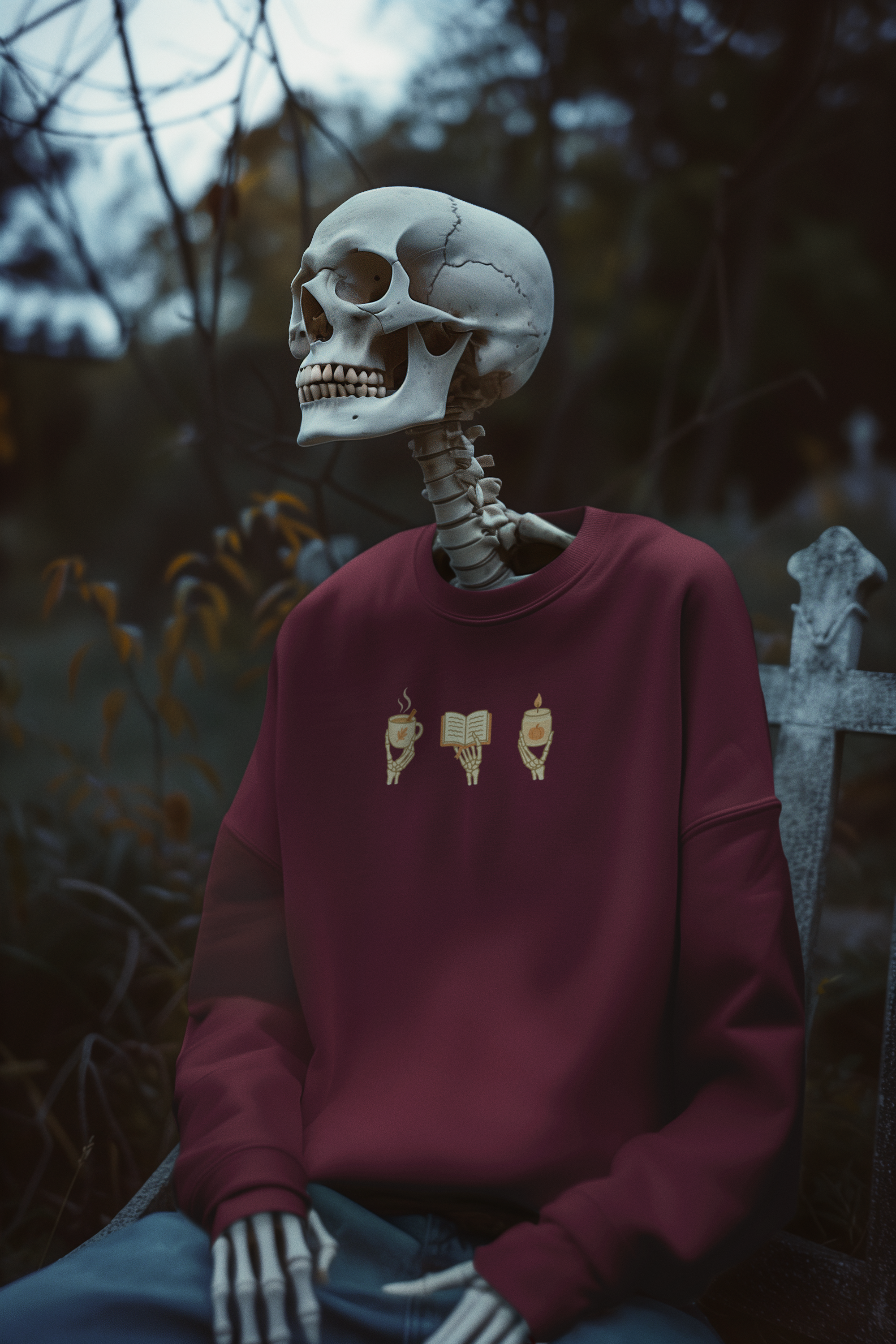Skeleton in maroon crewneck sweatshirt with minimalist 'Cozy Bones' graphic, featuring illustration of skeleton hands holding coffee, book, and candle. Halloween & seasonal graphic tees and hoodies.