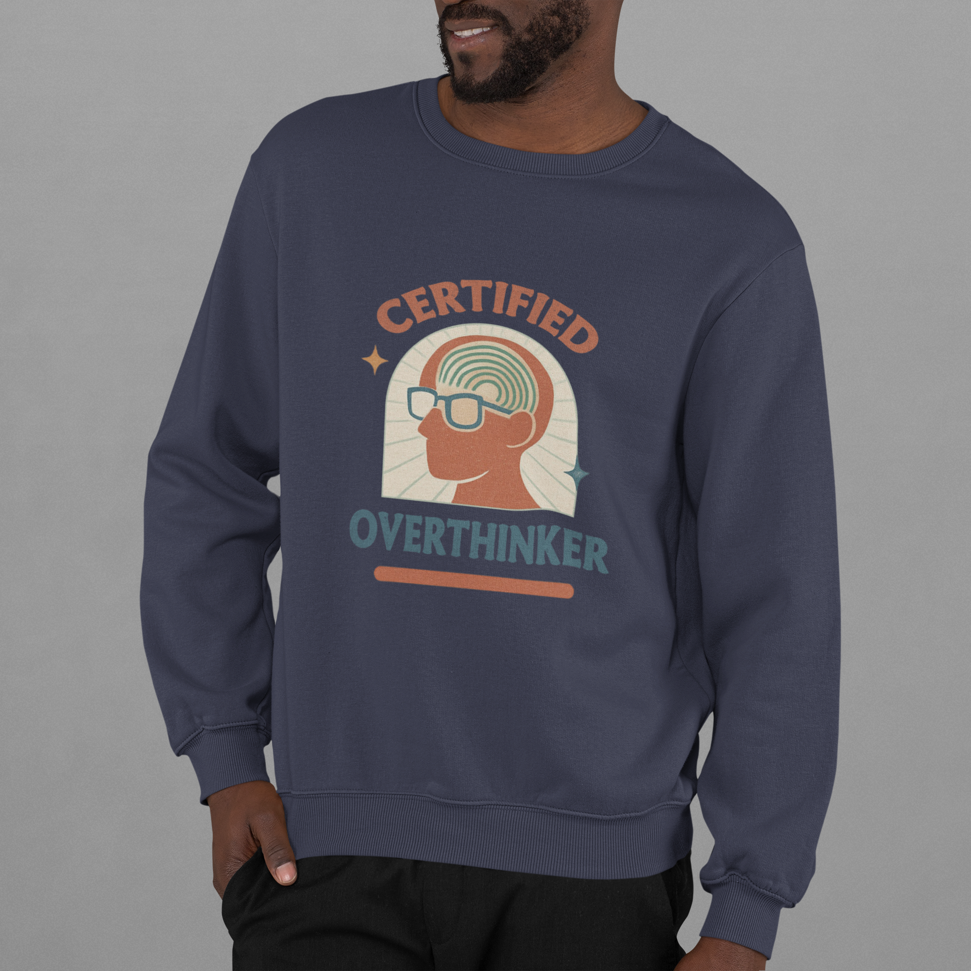 Blue unisex crewneck sweatshirt with retro Certified Overthinker graphic, featuring silhouette head with spiral brain and glasses.