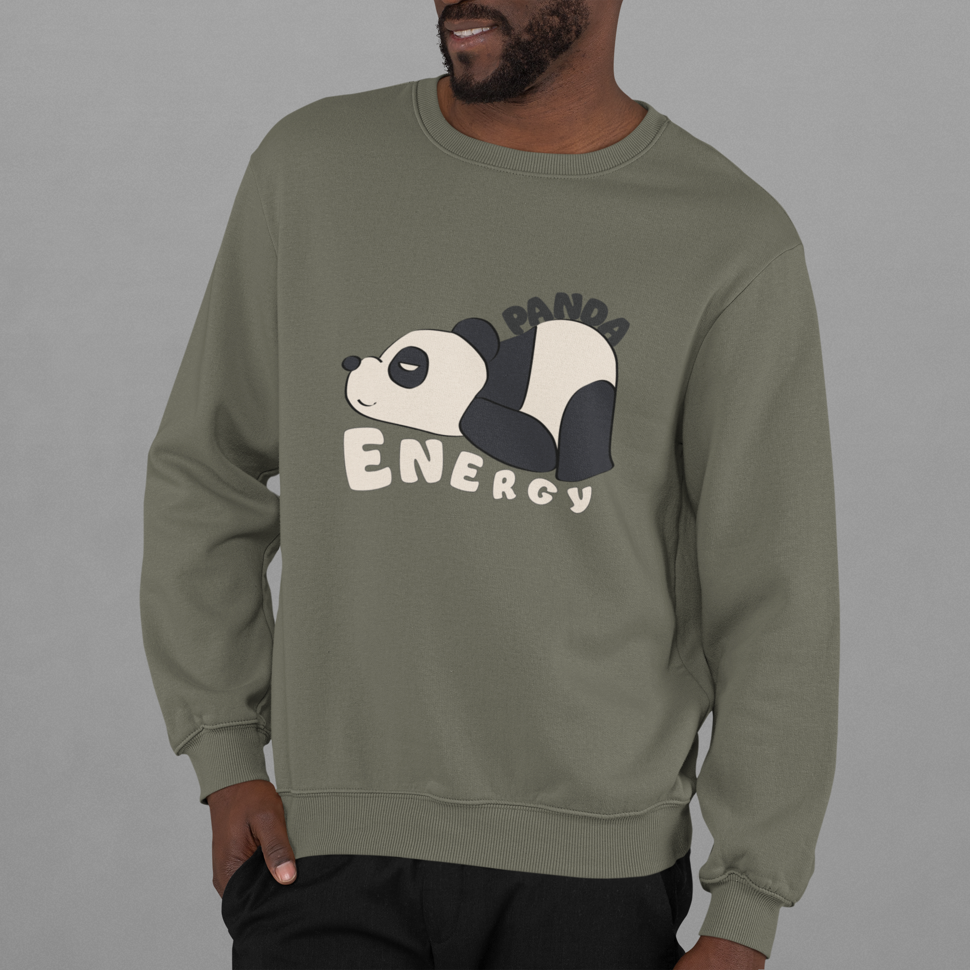 Adult sweatshirt in green with 'Panda Energy' with illustrated sleepy panda & text. Funny graphic tees and hoodies.