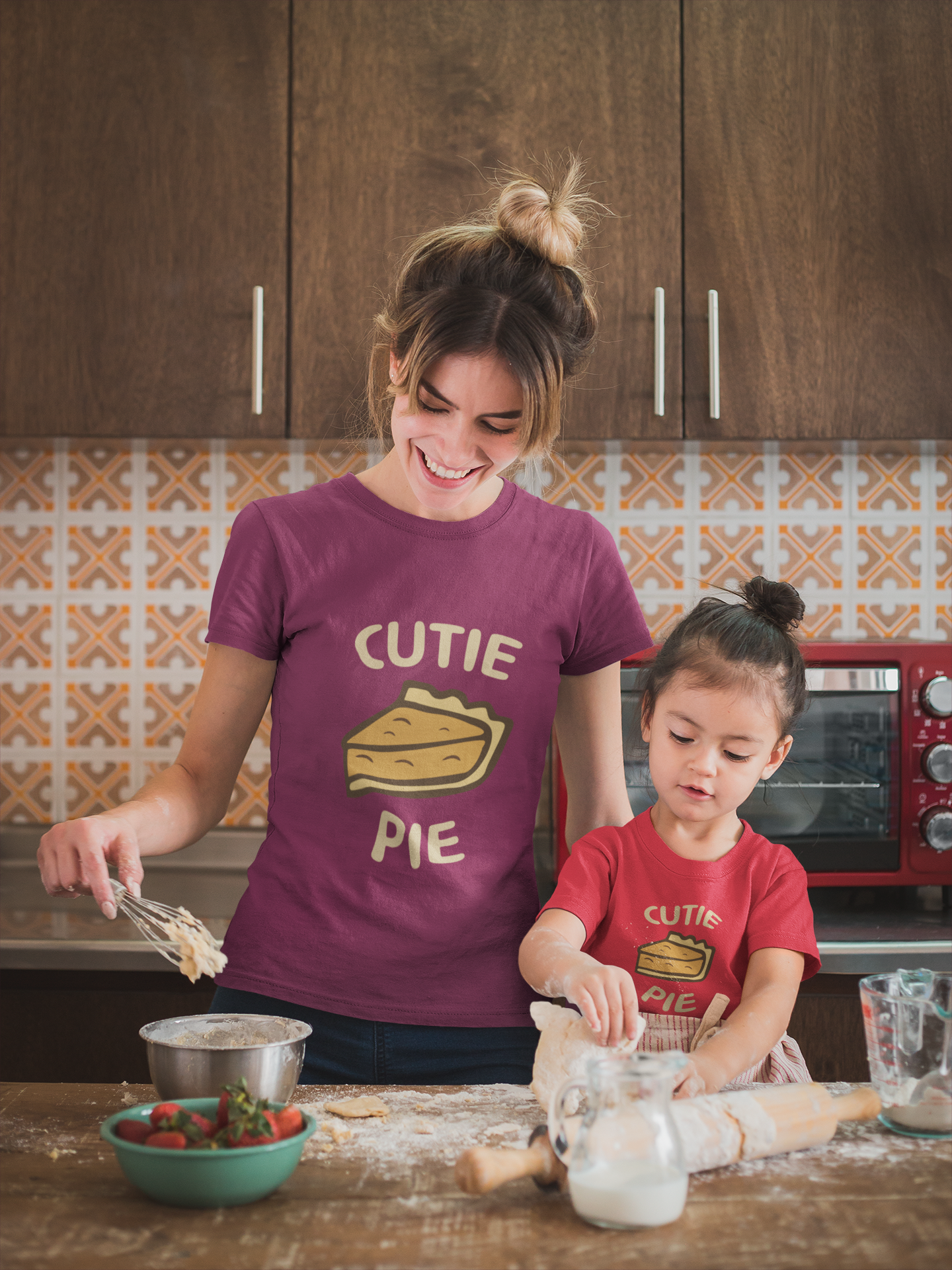 Mommy & me matching shirts with 'Cutie Pie' pumpkin pie graphic & text. Fall and thanksgiving inspired graphic tees.