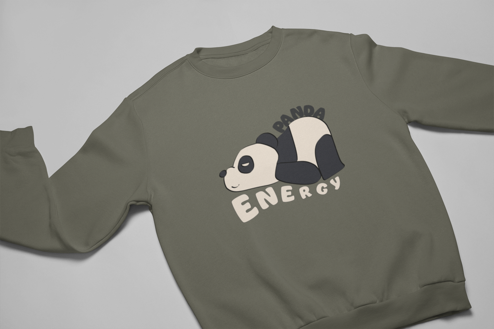 Adult sweatshirt in green with 'Panda Energy' with illustrated sleepy panda & text. Funny graphic tees and hoodies.
