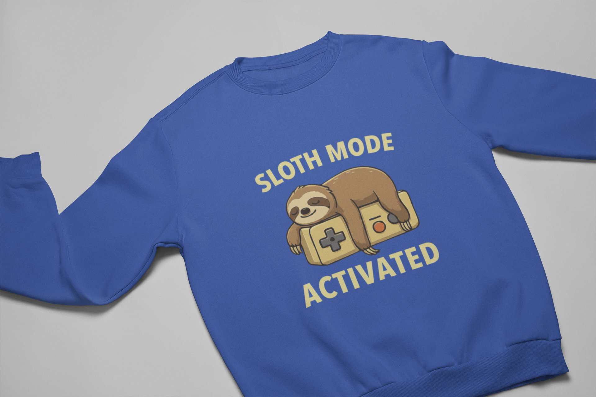 Adult sweatshirt in blue with 'Sloth Mode Activated' with illustrated sloth & text. Funny graphic tees and hoodies.