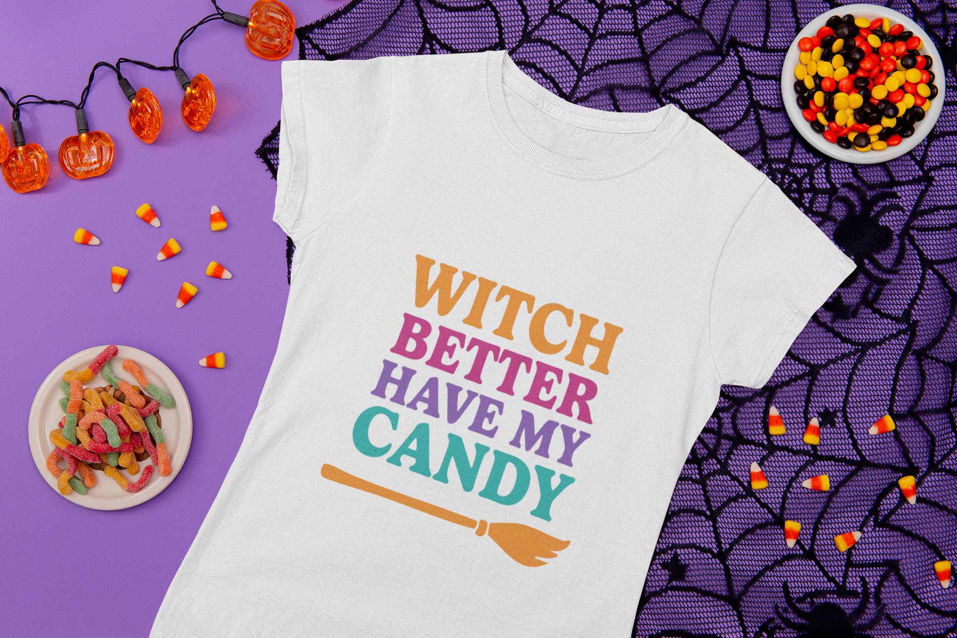 White Halloween T-shirt with 'Witch Better Have My Candy' graphic & text.