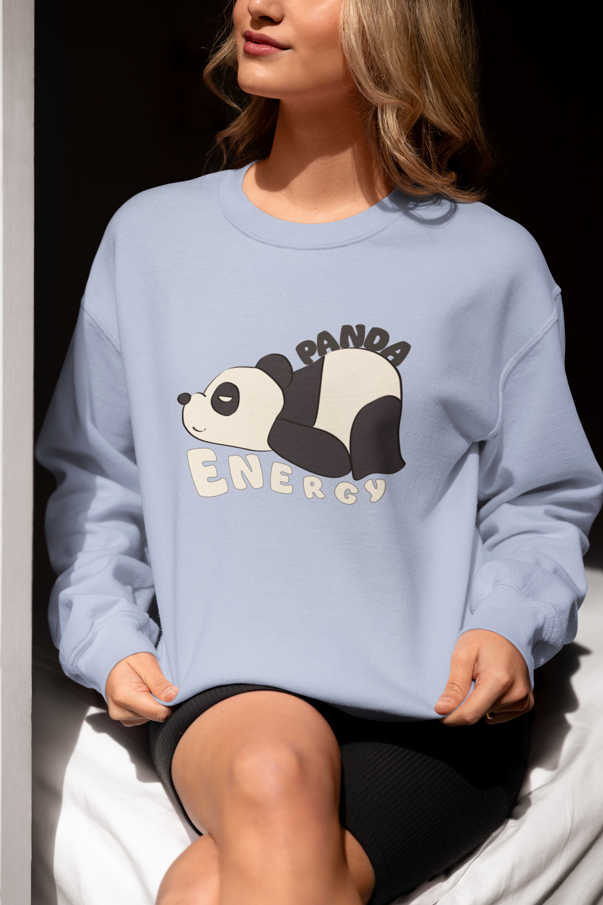 Adult sweatshirt in blue with 'Panda Energy' with illustrated sleepy panda & text. Funny graphic tees and hoodies.